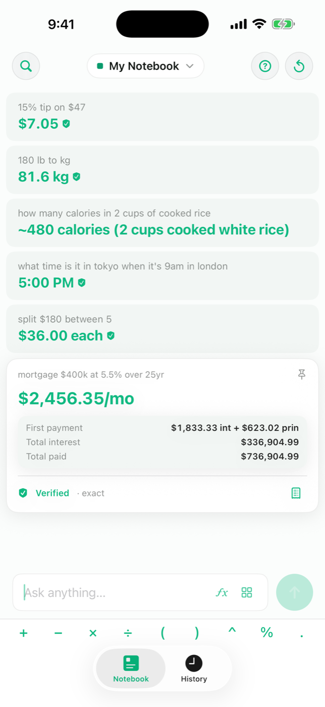 Calciq on iPhone answering tip, weight, calorie and time-zone questions, each verified