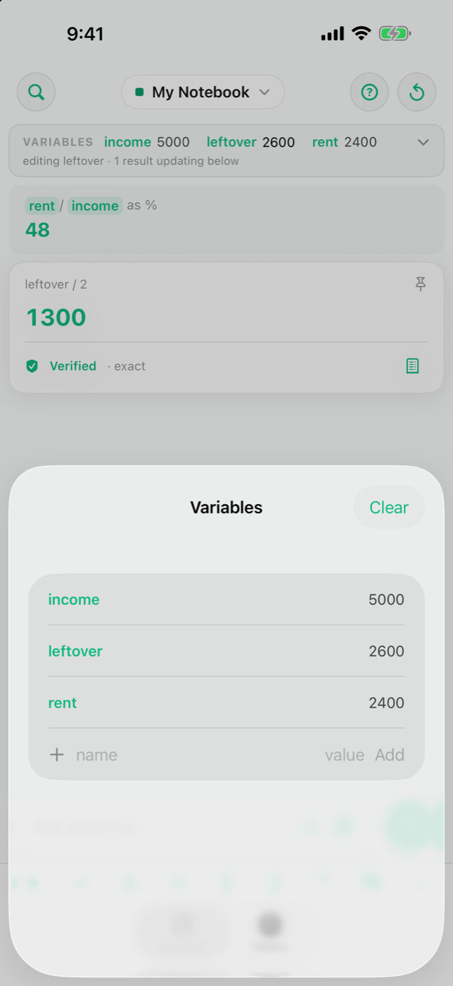 Calciq on iPhone with a variables panel for income, leftover and rent
