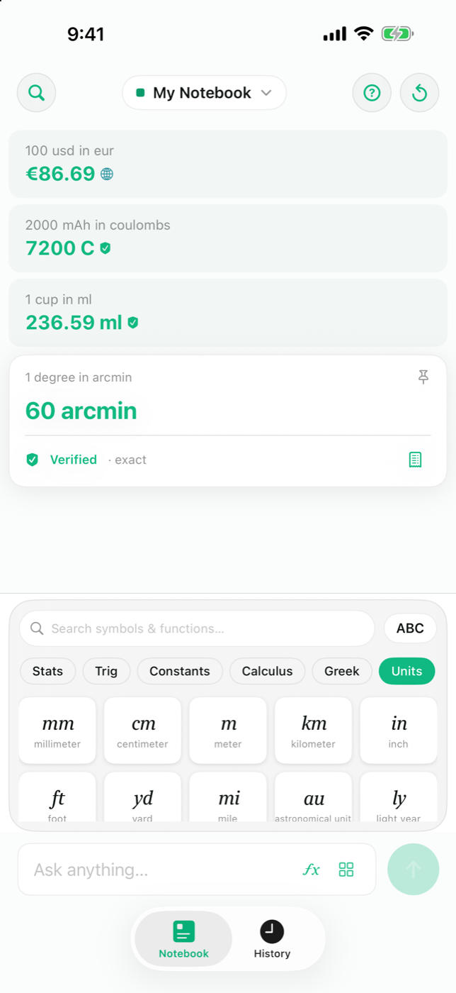 Calciq on iPhone converting currency, charge, temperature and volume