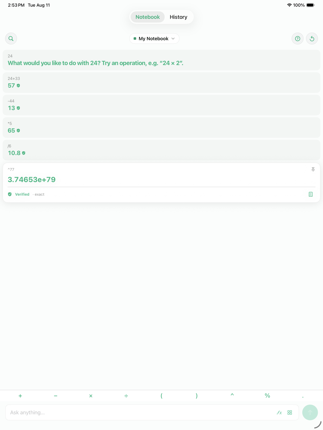 Calciq on iPad: a running notebook of verified calculations with the Notebook and History tabs