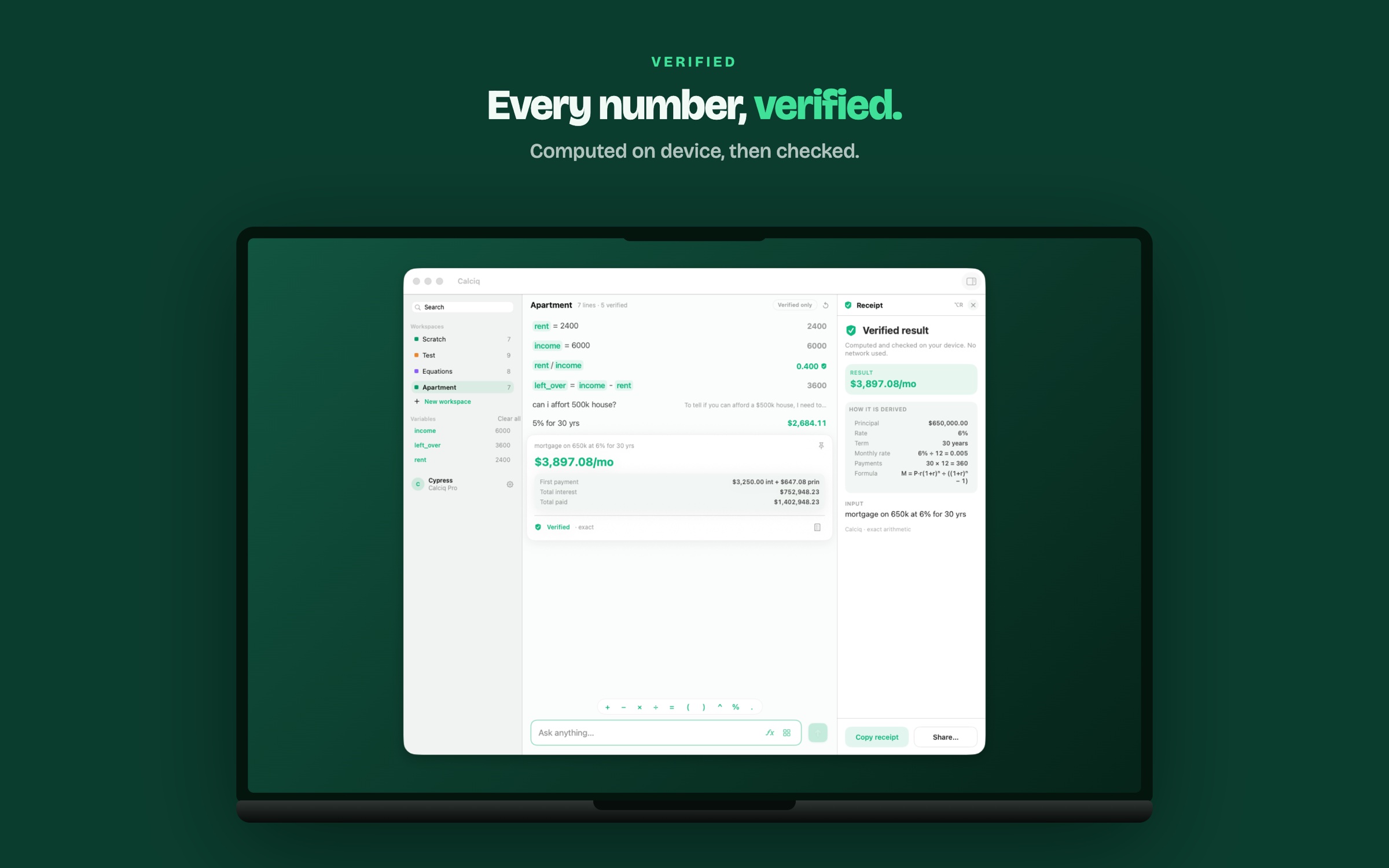 Every number verified — Calciq computing a $3,897.08/mo mortgage on device, with a receipt panel showing principal, rate, term and the formula used