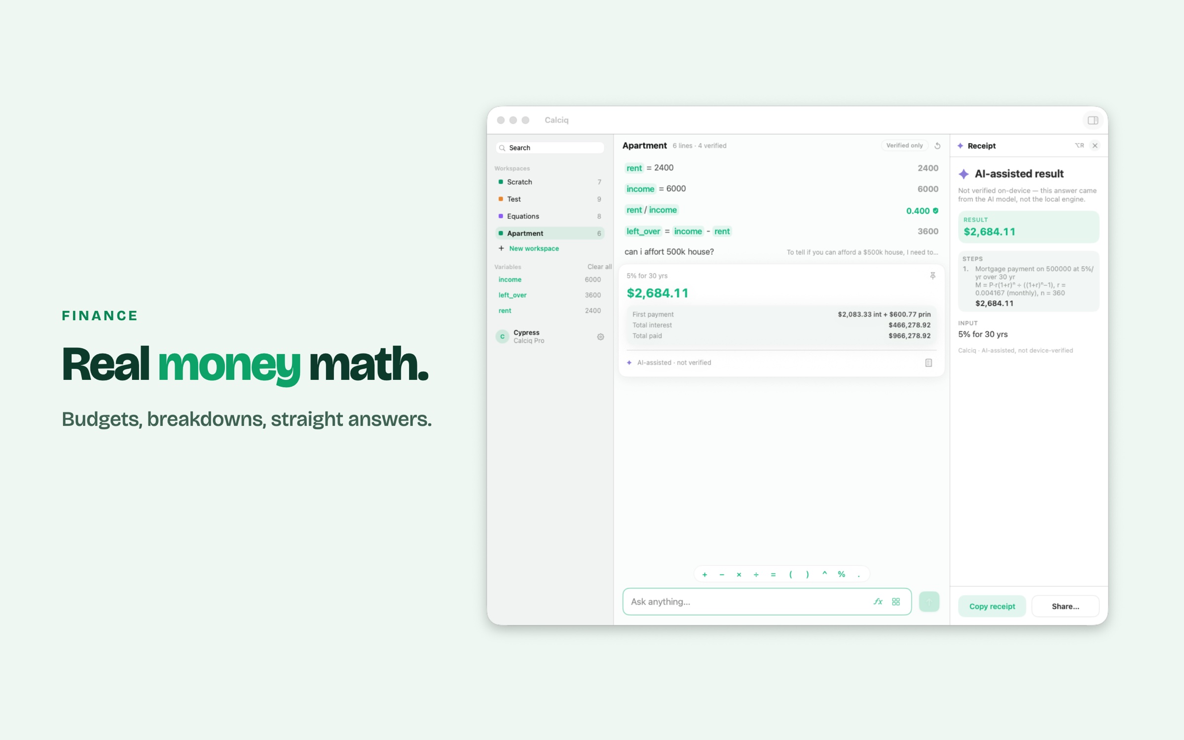 Calciq on Mac breaking down a mortgage payment with first payment, total interest and total paid