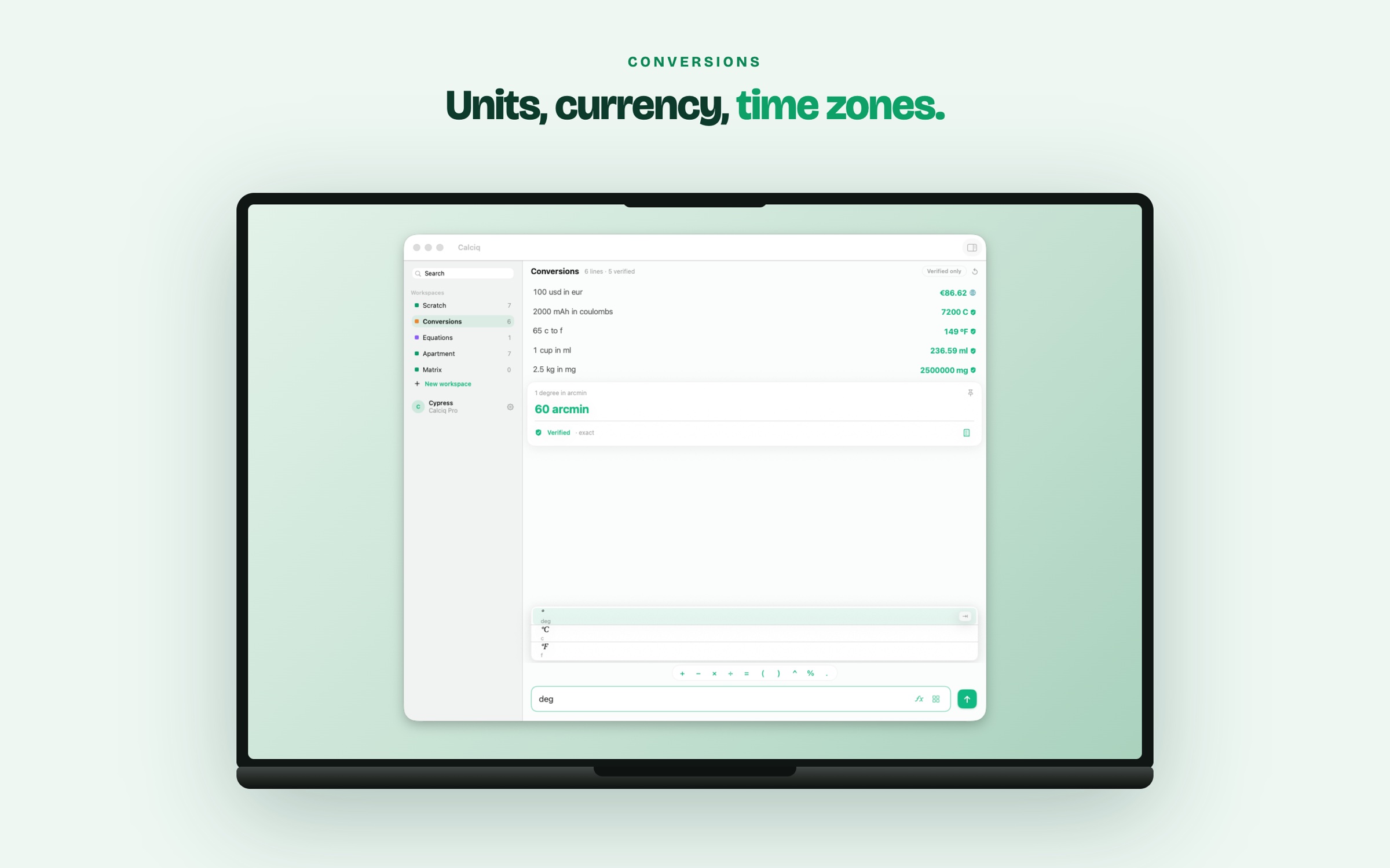 Units, currency, time zones — Calciq converting millilitres, dollars to euros, Fahrenheit and London to Tokyo time
